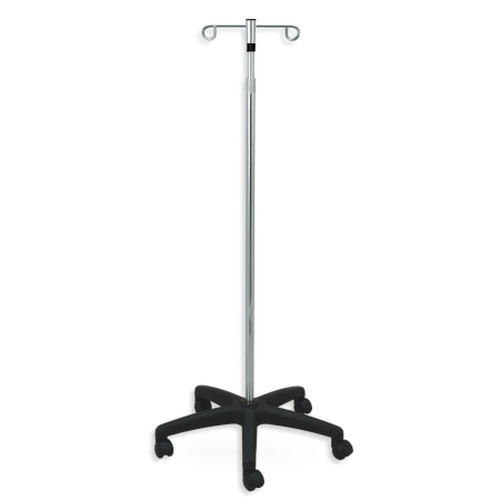 ASTA PORTA FLEBO ACCIAIO INOX - BASE 5 RAZZE SU RUOTE - 2 GANCI