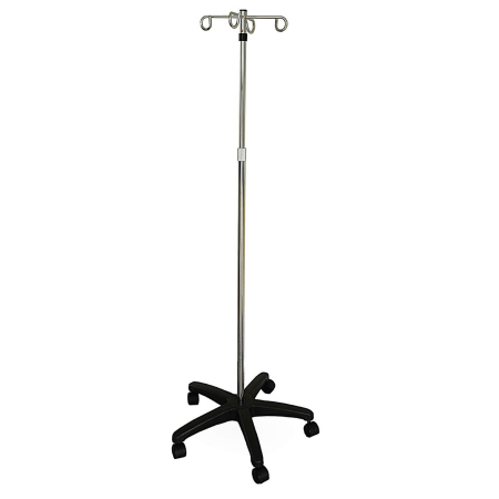 ASTA PORTA FLEBO ACCIAIO INOX - BASE 5 RAZZE SU RUOTE - 4 GANCI