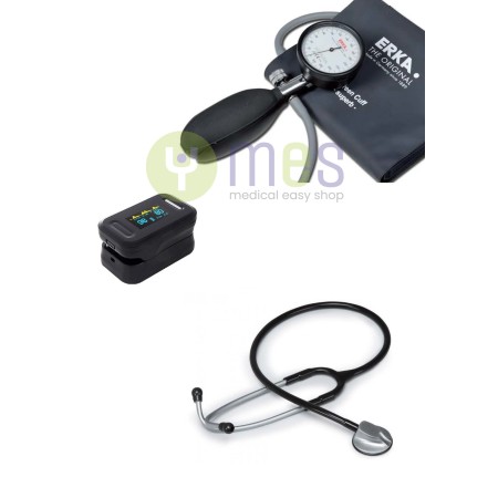 ERKA KOBOLD AD ANEROIDE - Sfigmomanometro - bracciale velcro - nero + fonendoscopio LF-320 + pulsossimetro YK-81